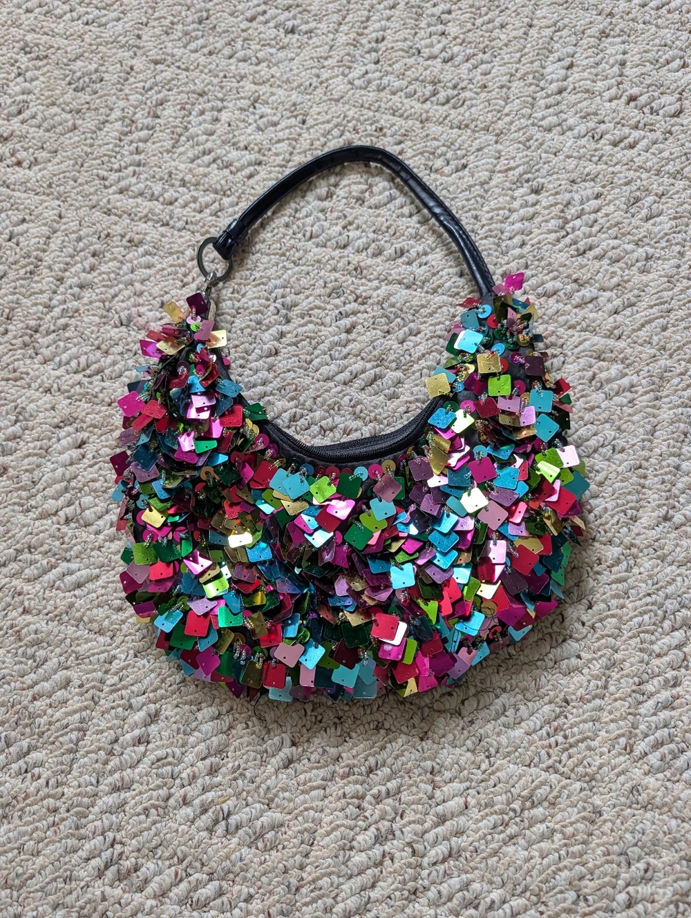 Vintage Y2K 2000s Rainbow Multicolor Sequin Beaded Hobo Bag Purse Leather
